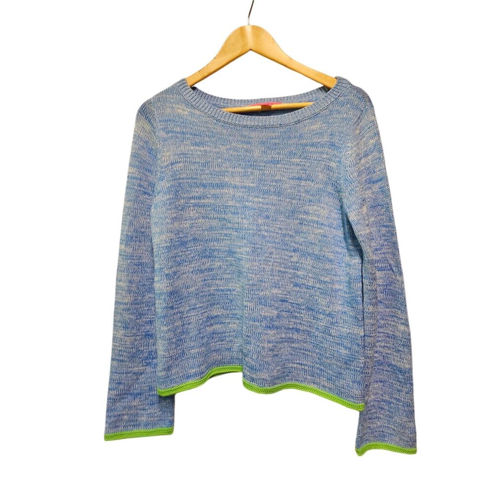 LILLY PULITZER Sweater Praxon Blue Round Neck Long Sleeve Green Trim MEDIUM